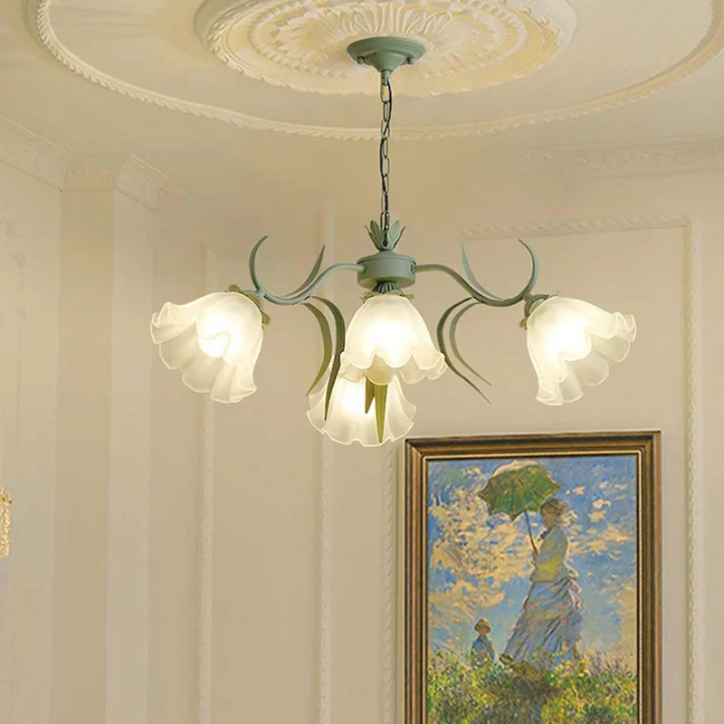 Chandelier French Metal Glass Lily of the Valley Flower, Green & White