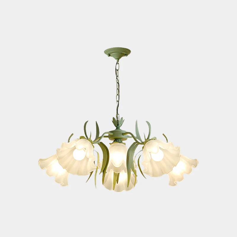 Chandelier French Metal Glass Lily of the Valley Flower, Green & White