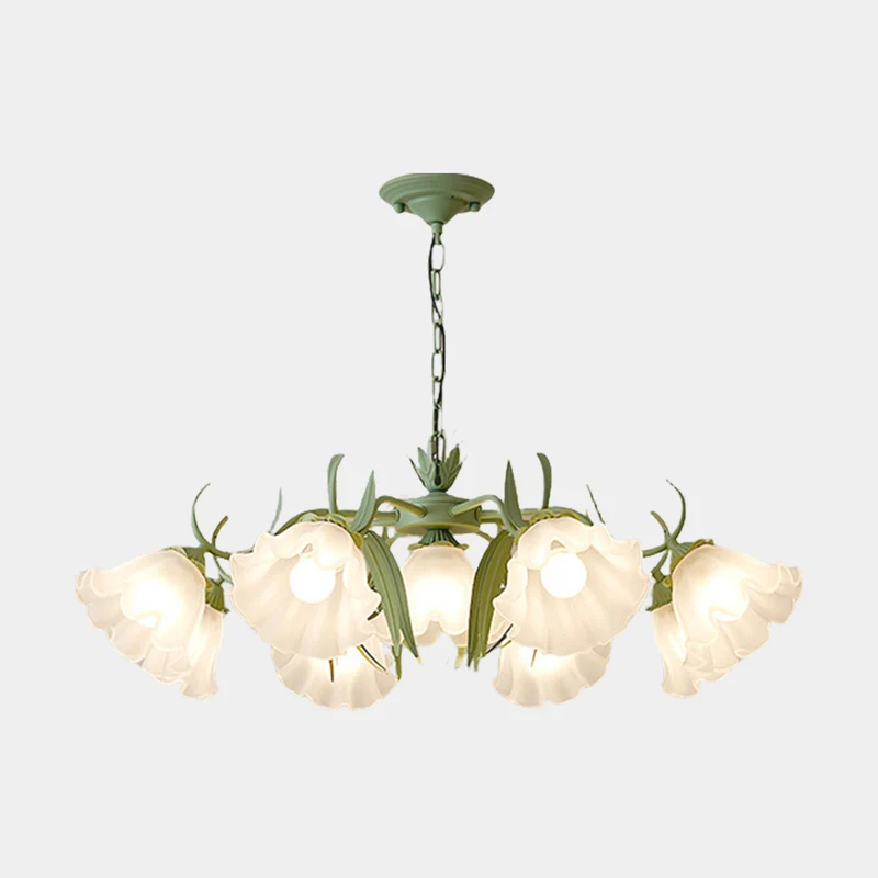 Chandelier French Metal Glass Lily of the Valley Flower, Green & White