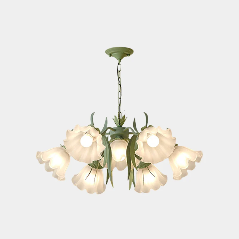 Chandelier French Metal Glass Lily of the Valley Flower, Green & White