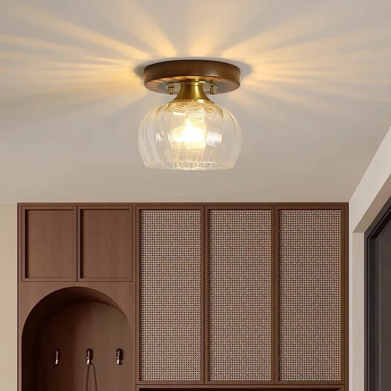 Semi-Flush Ceiling Light Vintage Small Glass Wood