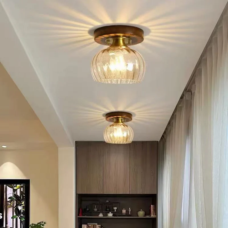 Semi-Flush Ceiling Light Vintage Small Glass Wood