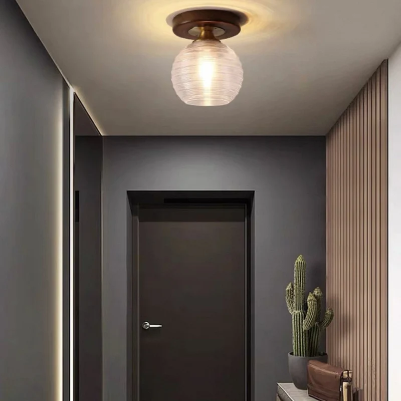 Semi-Flush Ceiling Light Vintage Small Glass Wood