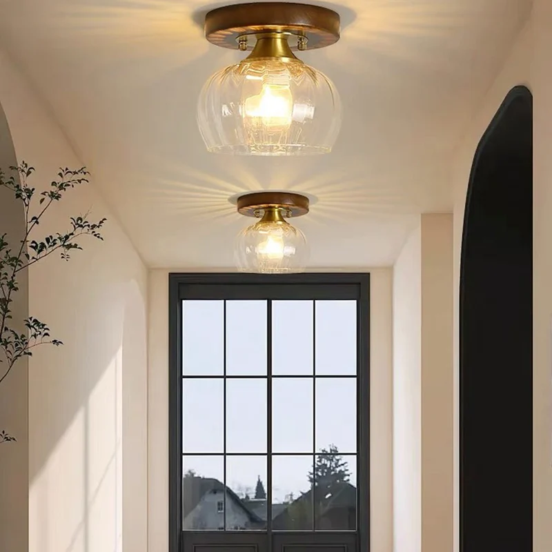 Semi-Flush Ceiling Light Vintage Small Glass Wood