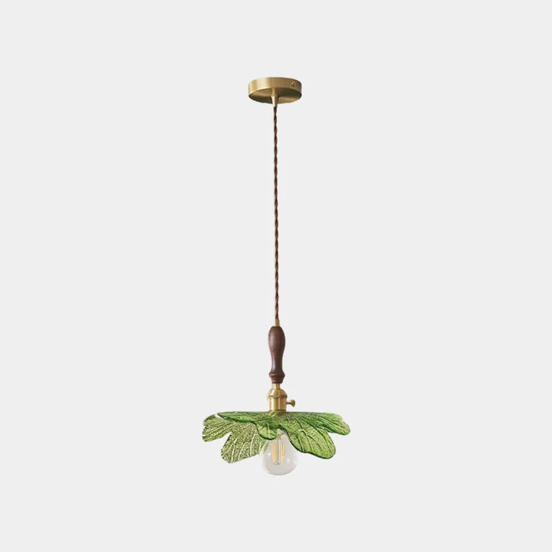 Pendant Light Artistic Retro Brass Wood Glass Leaf, Green
