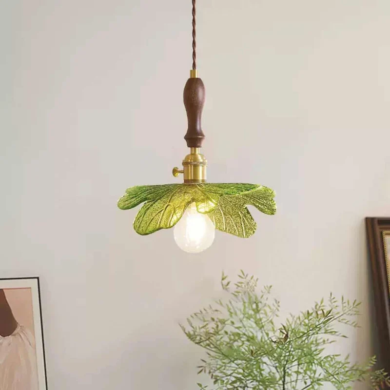 Pendant Light Artistic Retro Brass Wood Glass Leaf, Green