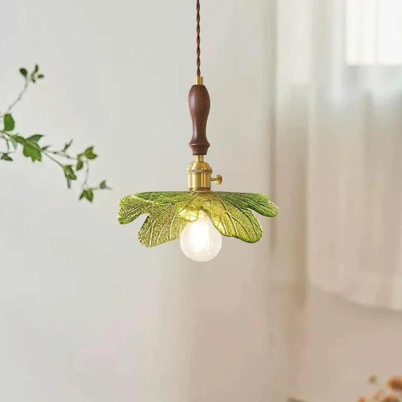 Pendant Light Artistic Retro Brass Wood Glass Leaf, Green