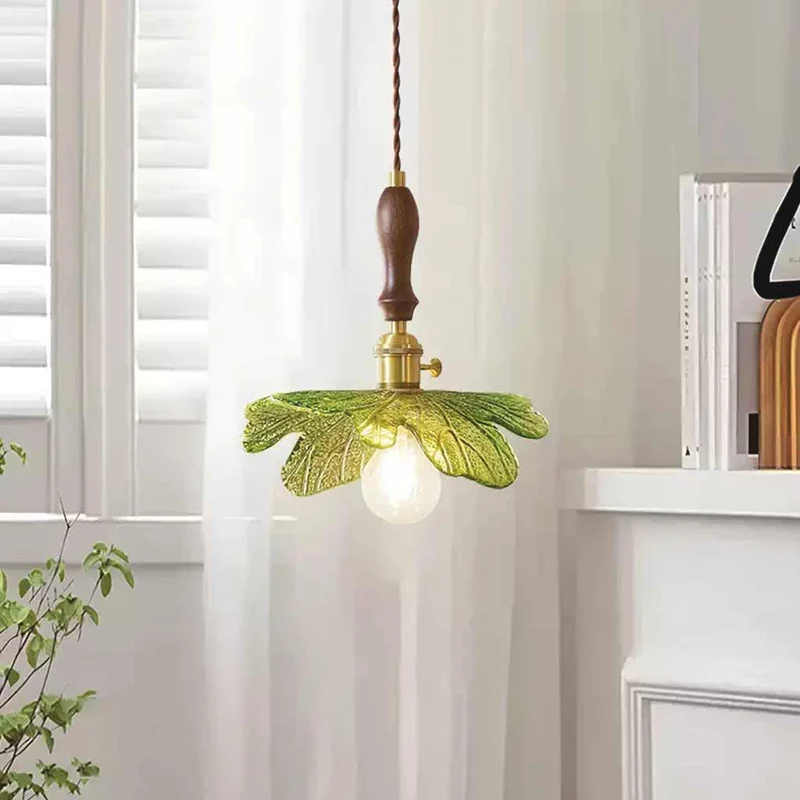 Pendant Light Artistic Retro Brass Wood Glass Leaf, Green
