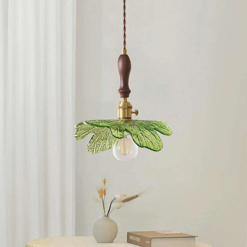 Pendant Light Artistic Retro Brass Wood Glass Leaf, Green