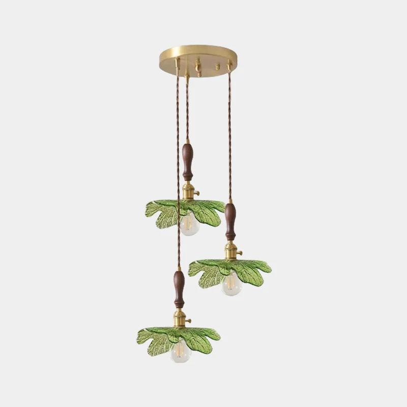 Pendant Light Artistic Retro Brass Wood Glass Leaf, Green