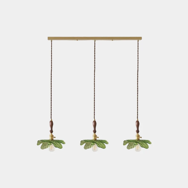 Pendant Light Artistic Retro Brass Wood Glass Leaf, Green