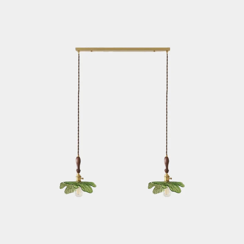 Pendant Light Artistic Retro Brass Wood Glass Leaf, Green