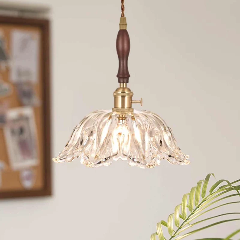 Pendant Light Fixture French Vintage Wood Glass Flower