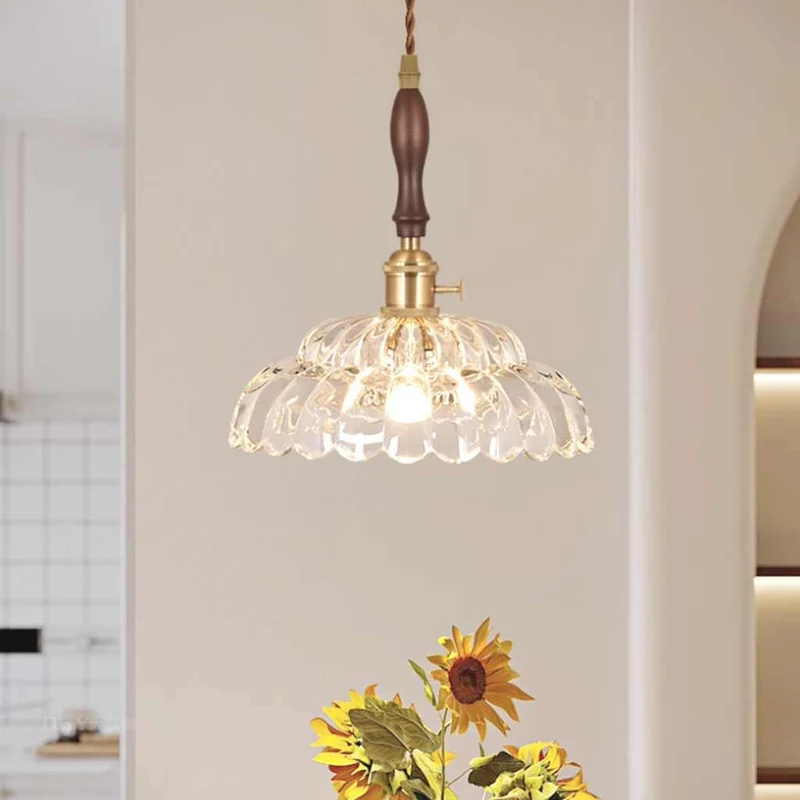 Pendant Light Fixture French Vintage Wood Glass Flower