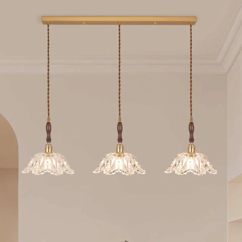 Pendant Light Fixture French Vintage Wood Glass Flower