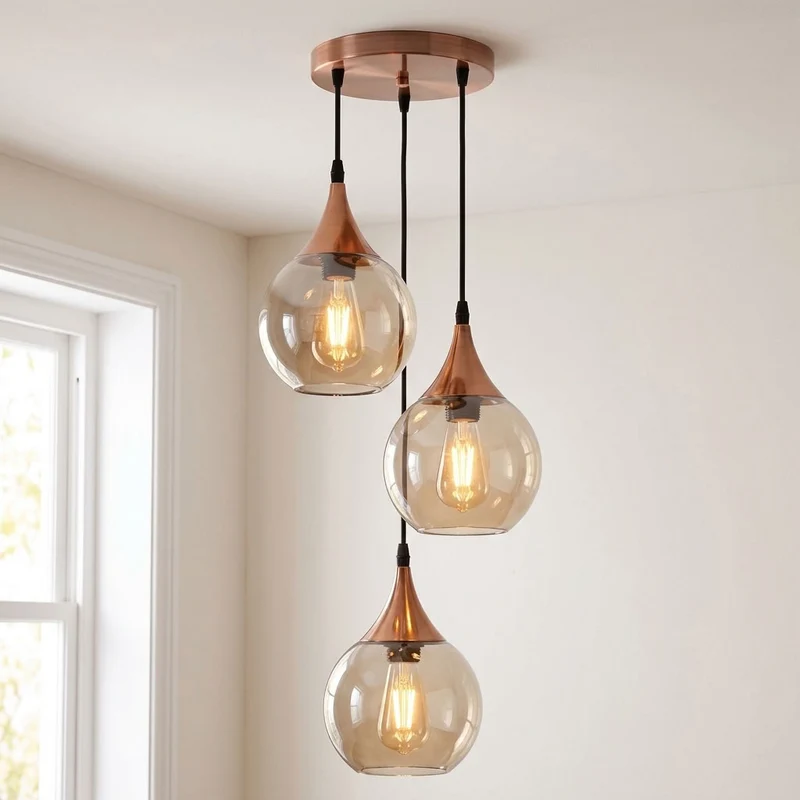 3 Flammige Pendelleuchte Glastropfen Rauchglas E27 ~3672