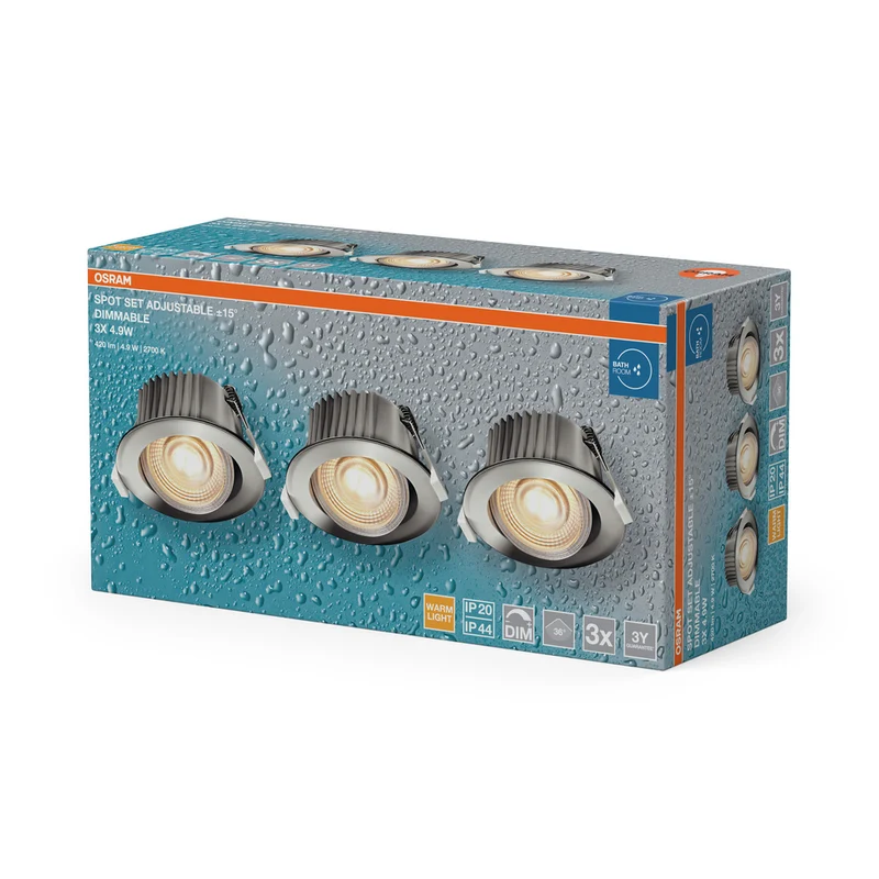 OSRAM LED Spot Recess Bad Einbaustrahler Set DIM IP44 schwenkbar 4.9W 36° Chrom ⌀68 mm