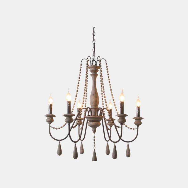 Chandelier Vintage Wood Iron Bead Candle with Tassel
