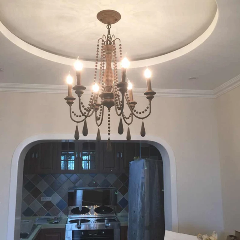 Chandelier Vintage Wood Iron Bead Candle with Tassel