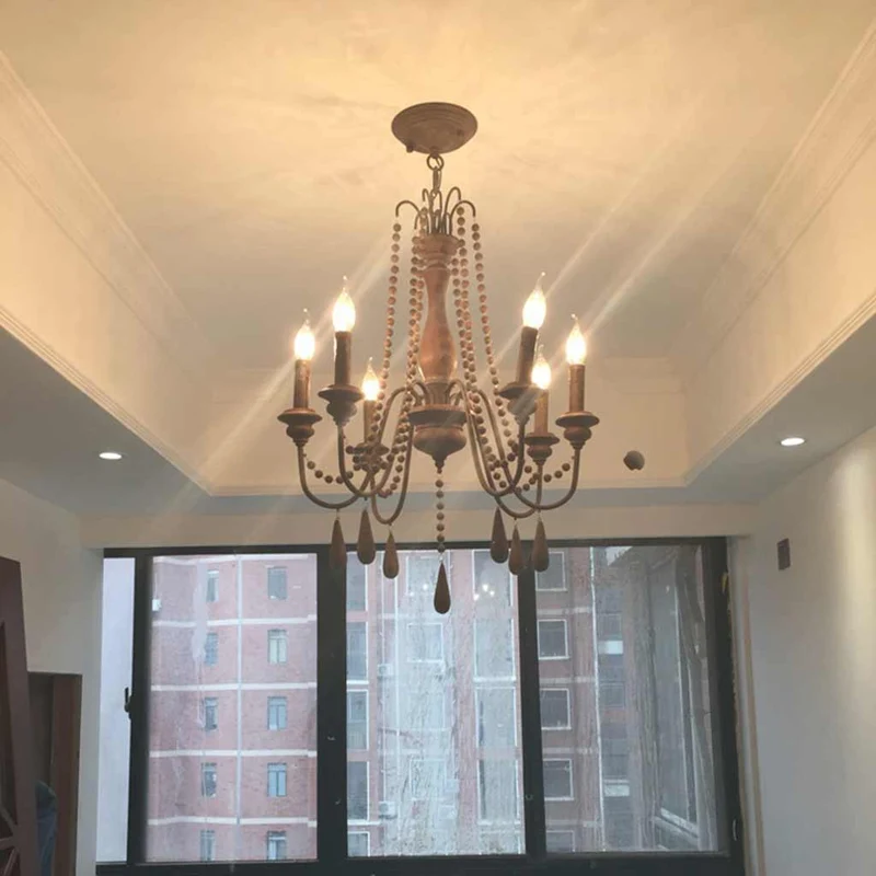 Chandelier Vintage Wood Iron Bead Candle with Tassel