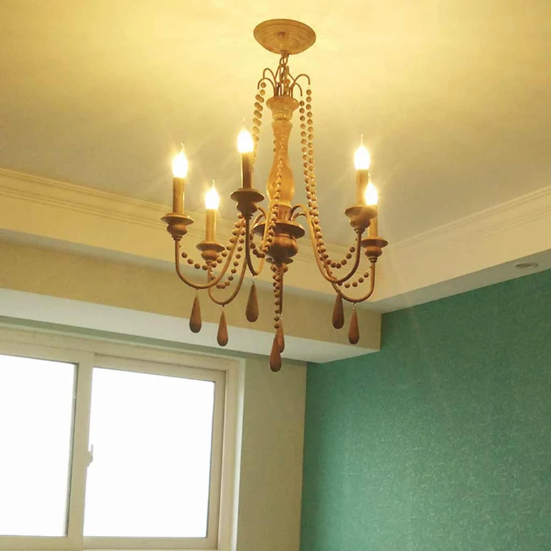 Chandelier Vintage Wood Iron Bead Candle with Tassel