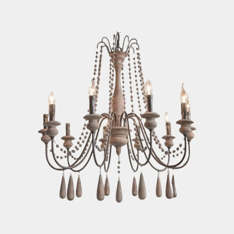 Chandelier Vintage Wood Iron Bead Candle with Tassel