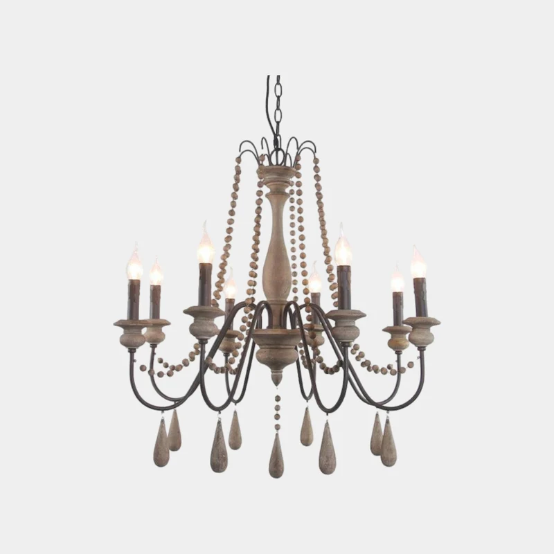 Chandelier Vintage Wood Iron Bead Candle with Tassel