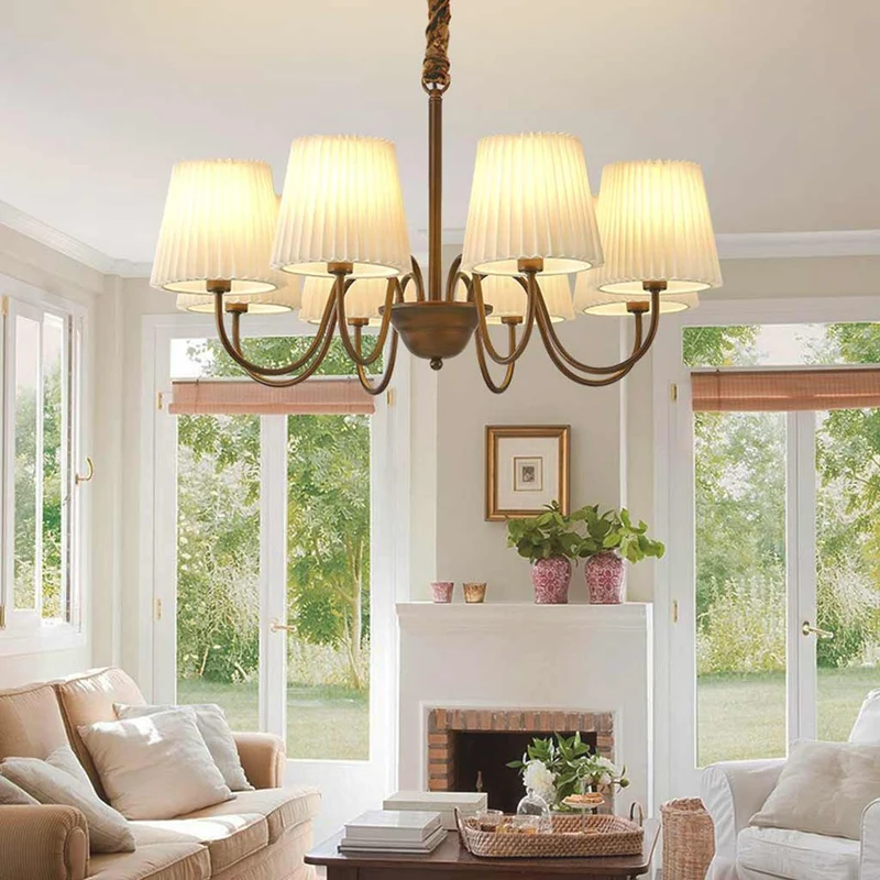 Chandelier Mid Century Vintage Iron White Pleated Fabric Shade