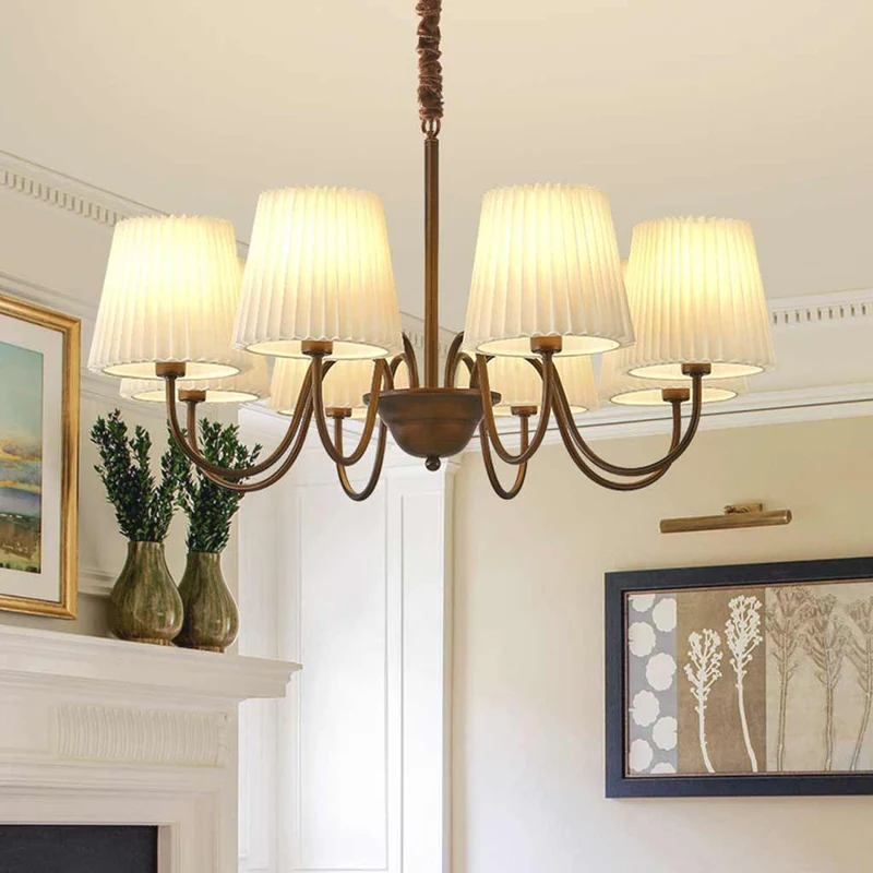 Chandelier Mid Century Vintage Iron White Pleated Fabric Shade