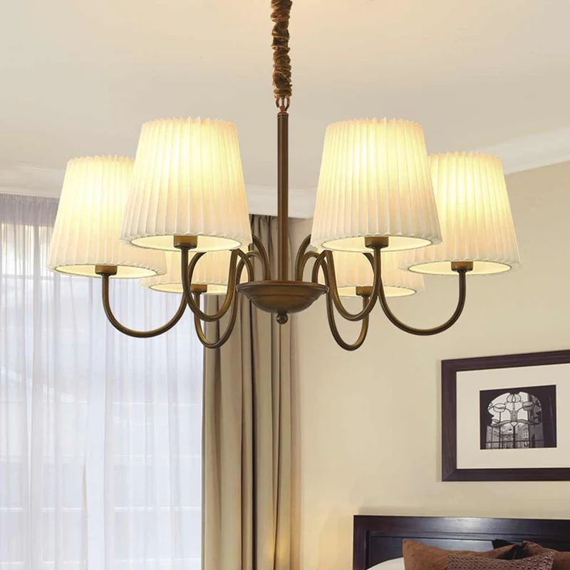 Chandelier Mid Century Vintage Iron White Pleated Fabric Shade