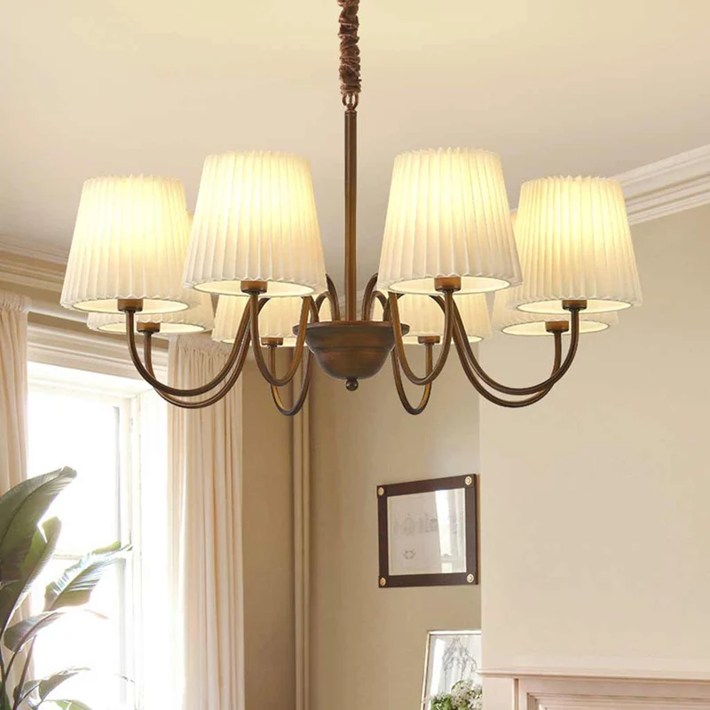 Chandelier Mid Century Vintage Iron White Pleated Fabric Shade