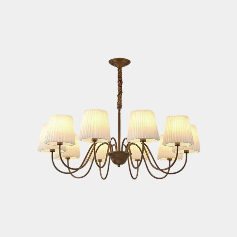 Chandelier Mid Century Vintage Iron White Pleated Fabric Shade