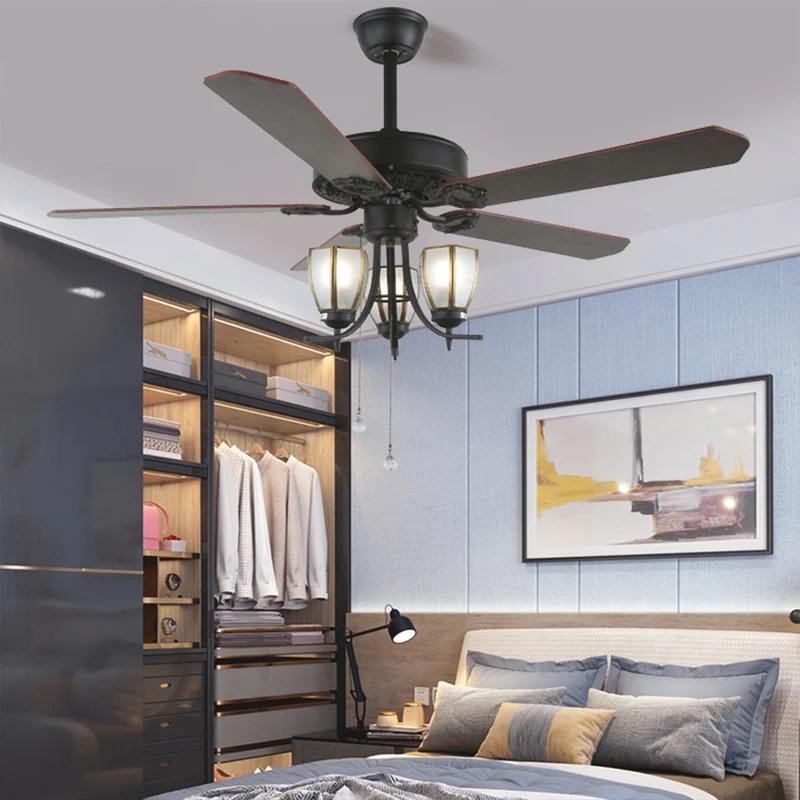 Semi-Flush Ceiling Fan with Light Retro Industrial 5 Blades, Black