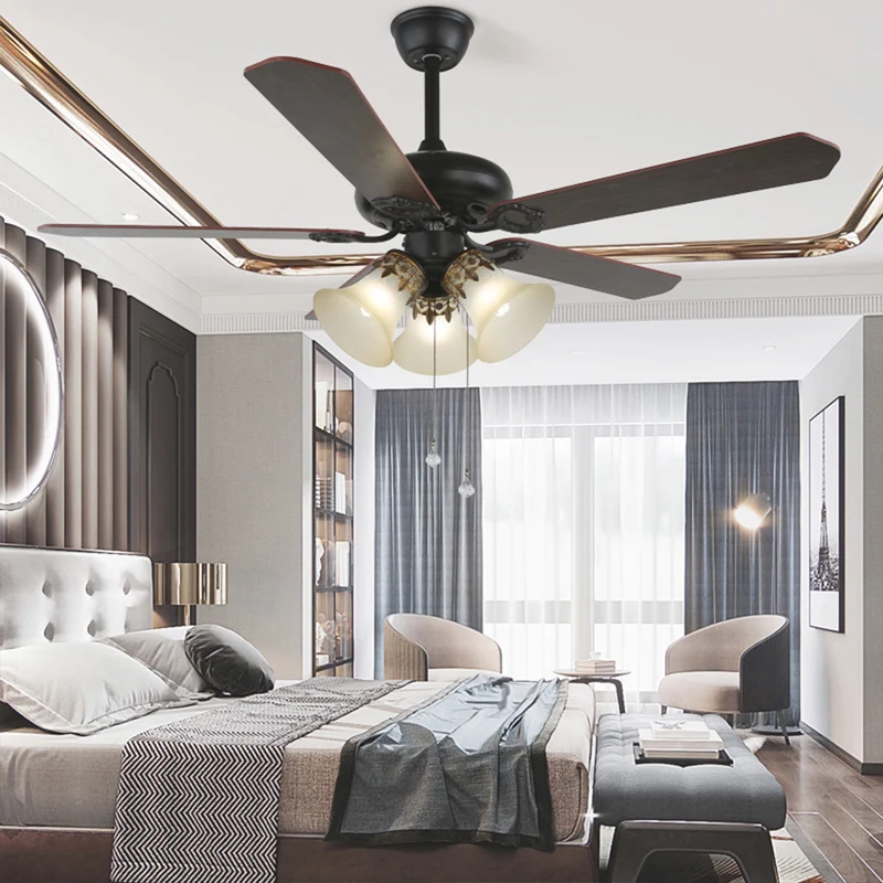 Semi-Flush Ceiling Fan with Light Retro Industrial 5 Blades, Black