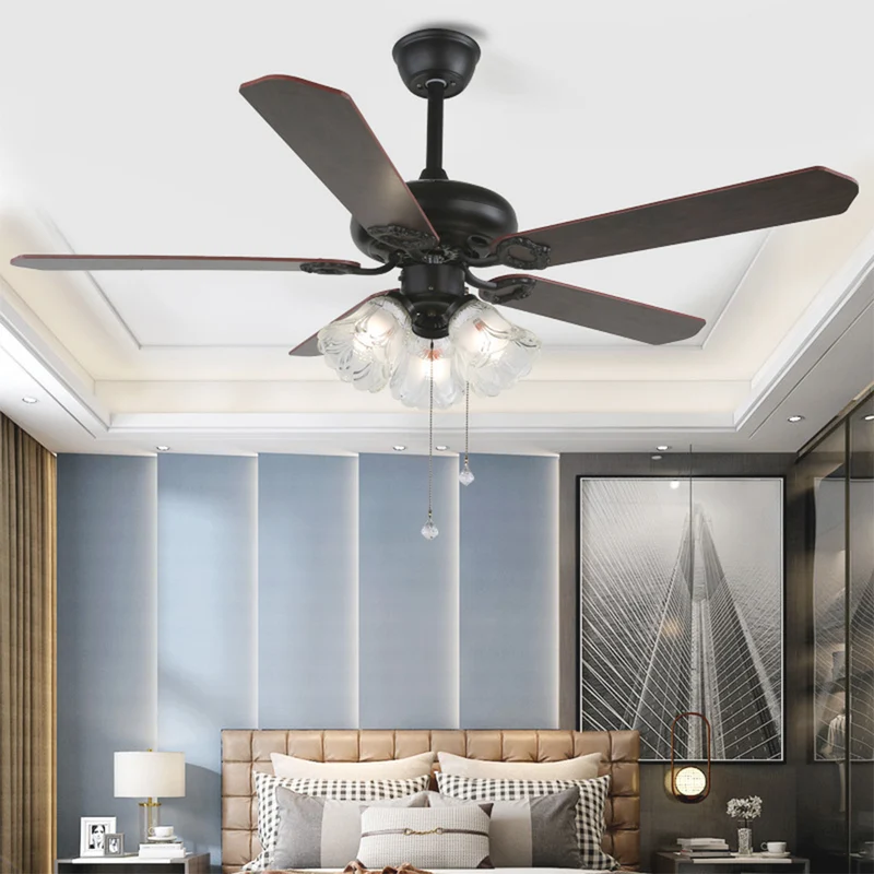 Semi-Flush Ceiling Fan with Light Retro Industrial 5 Blades, Black