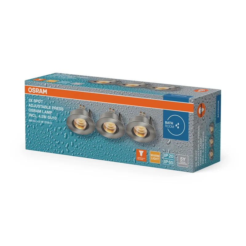 OSRAM LED Spot Recess Bad Einbaustrahler Set GU10 IP65 4.5W Satin-Nickel ⌀68 mm