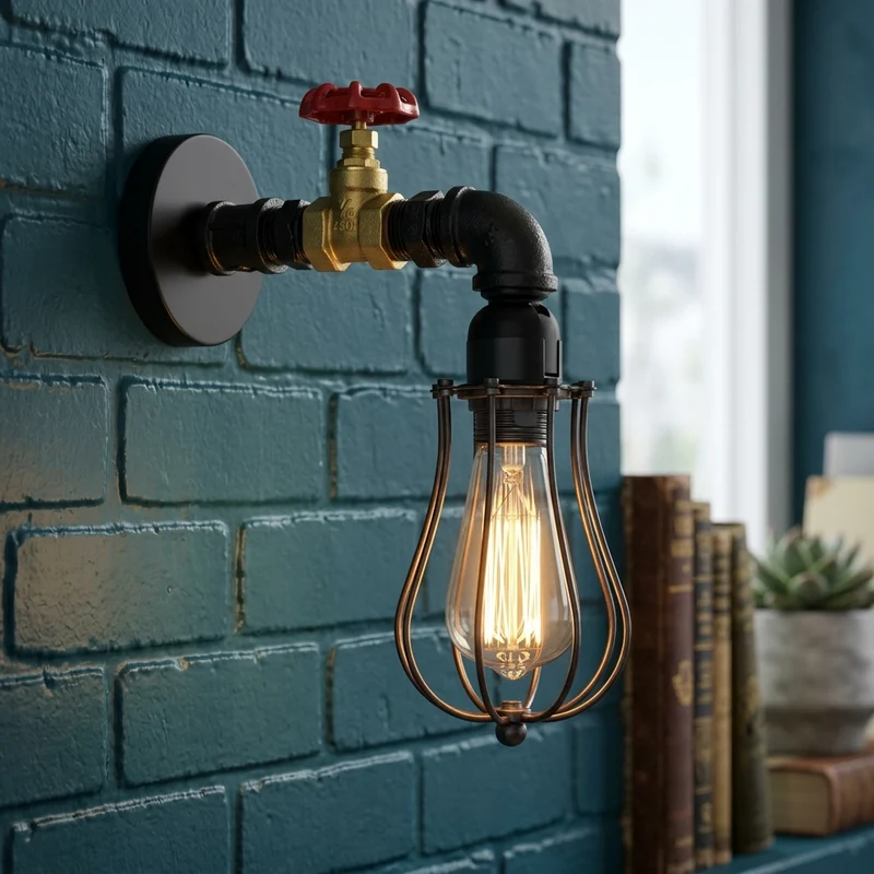 Wasserrohr Wandleuchte Steampunk Schwarz | Loft Bar Wandlampe Metall~3880