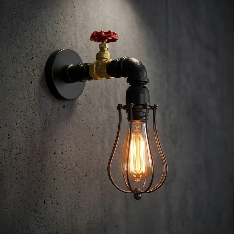 Wasserrohr Wandleuchte Steampunk Schwarz | Loft Bar Wandlampe Metall~3880