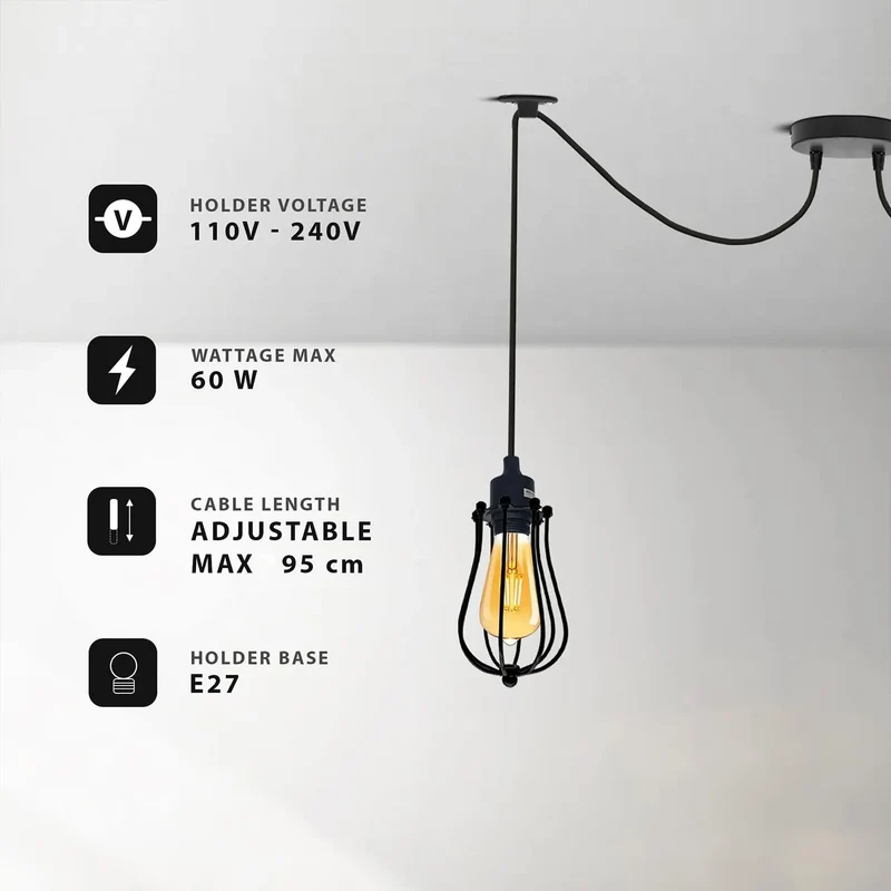 Industriële Spinlamp E27 Matzwart met Katrolsysteem 1–6~3914