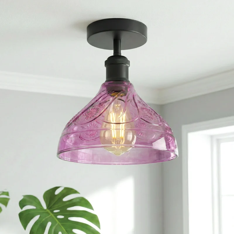Vintage Deckenleuchte E27 Bunte Reliefglas - Retro Halbbündig Deckenlampe ~3659