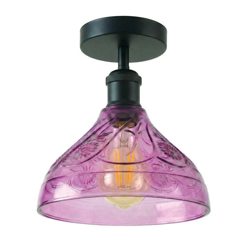 Vintage Deckenleuchte E27 Bunte Reliefglas - Retro Halbbündig Deckenlampe ~3659