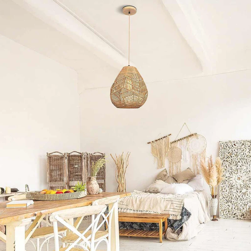 Pendant Light Boho Woven Nest Rattan Linen Rope