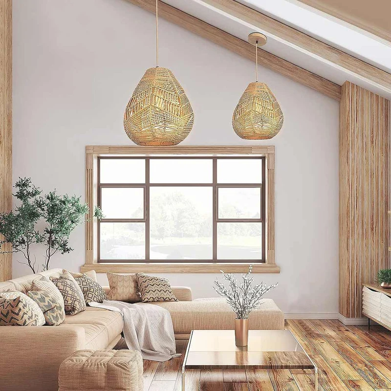 Pendant Light Boho Woven Nest Rattan Linen Rope