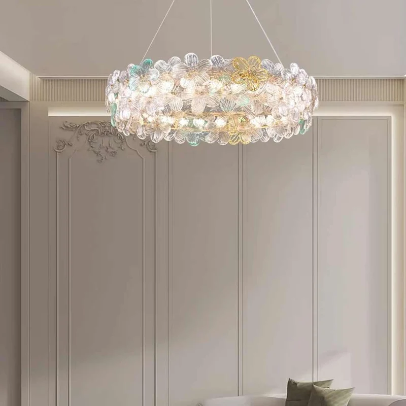 Chandelier Luxury Pink / Green Glass Flower Petal Round