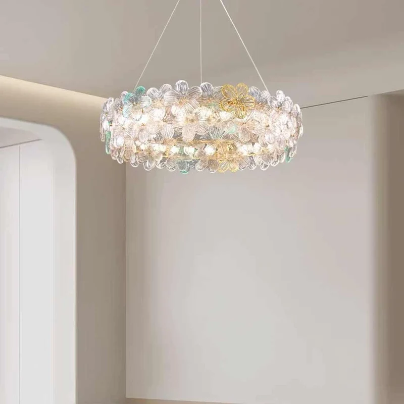 Chandelier Luxury Pink / Green Glass Flower Petal Round