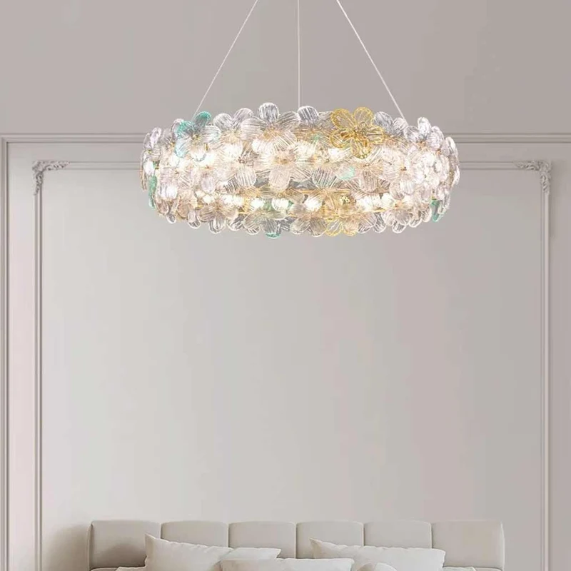 Chandelier Luxury Pink / Green Glass Flower Petal Round
