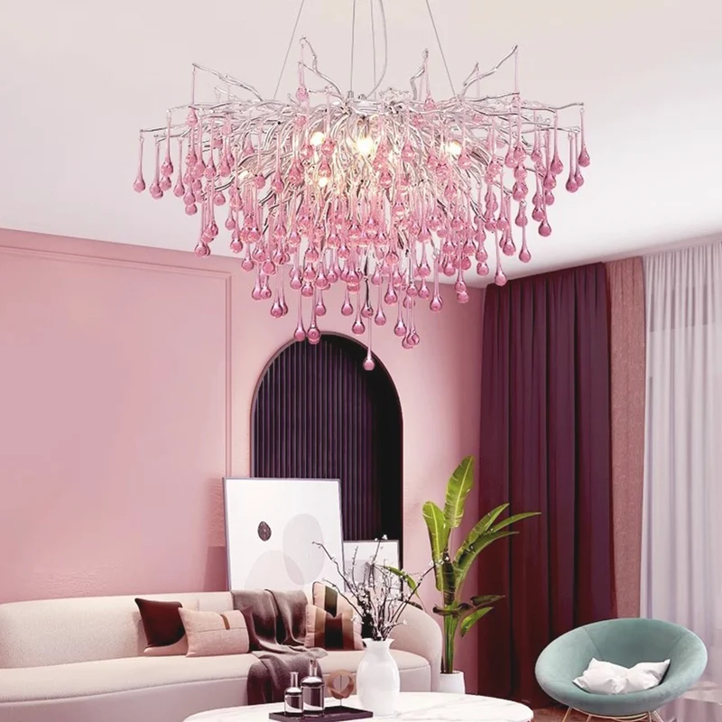 Chandelier Crystal Glass Branch Raindrop for Girls Room, Pink/Blue