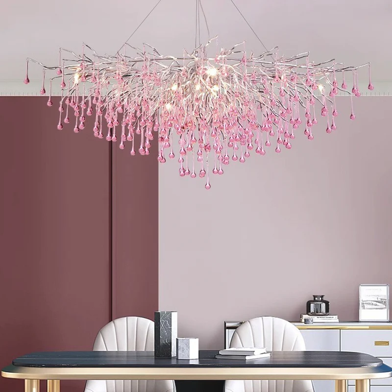 Chandelier Crystal Glass Branch Raindrop for Girls Room, Pink/Blue