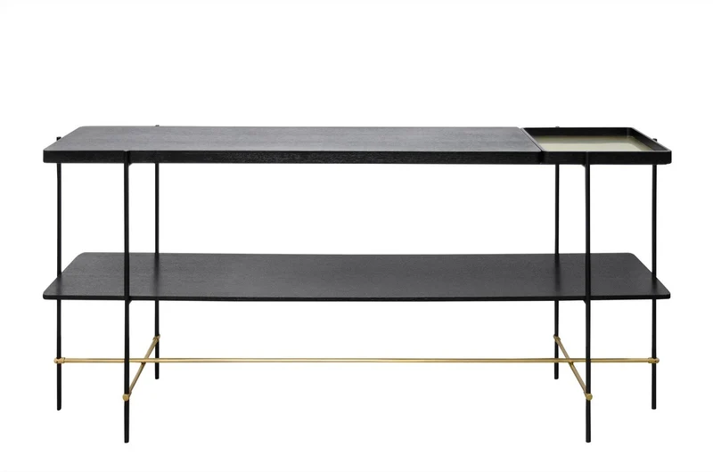 Casa Padrino Luxus Konsole Gold / Schwarz 180 x 40 x H. 90 cm - Langer Konsolentisch mit gebürstetem Edelstahlgestell und schwarzen Eichenfurnier Flächen - Luxus Möbel