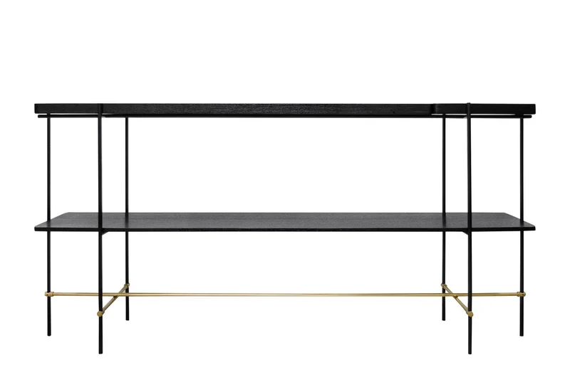 Casa Padrino Luxus Konsole Gold / Schwarz 180 x 40 x H. 90 cm - Langer Konsolentisch mit gebürstetem Edelstahlgestell und schwarzen Eichenfurnier Flächen - Luxus Möbel